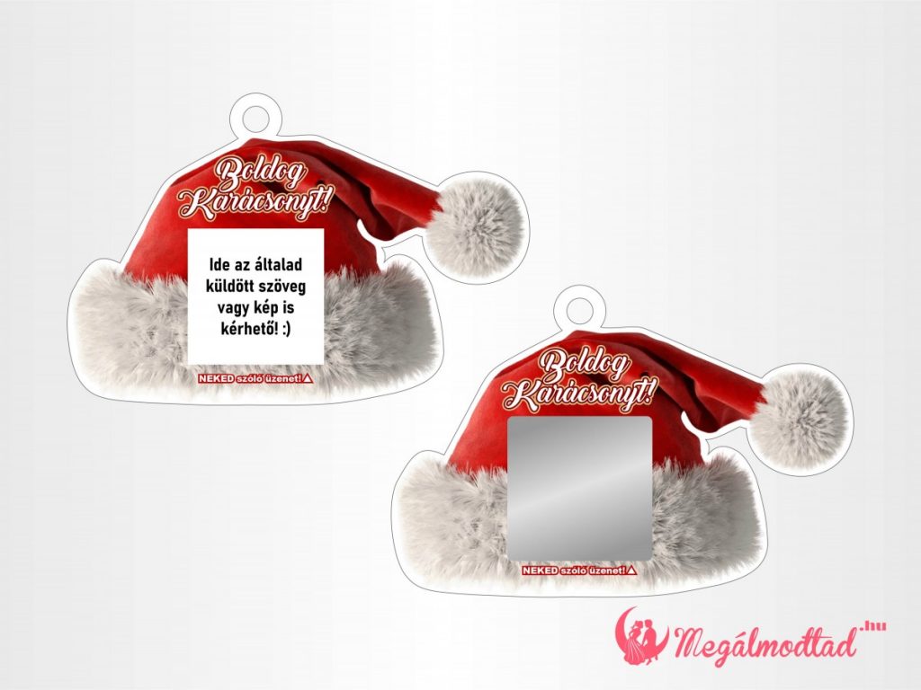 Mikulás sapka formájú karácsonyi dísz kaparófelülettel és személyre szabott üzenettel