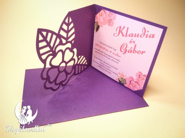 Elegáns oldalra kinyitható lézervágott esküvői meghívó.