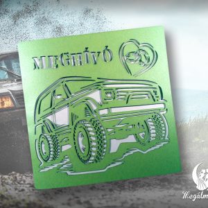 Kinyitható off-road esküvői meghívó terepjáró motívummal.