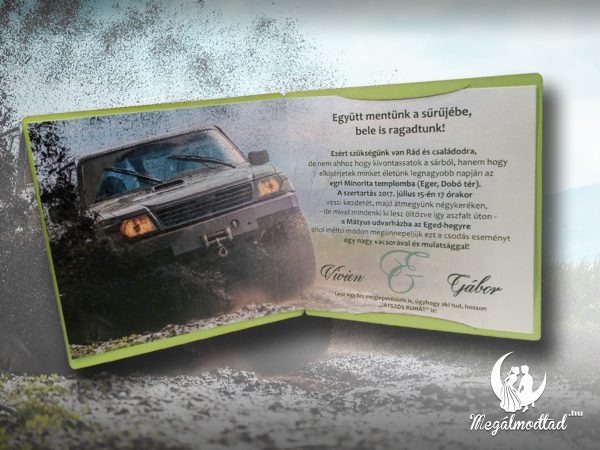 Off-road tematikájú lézervágott esküvői meghívó.