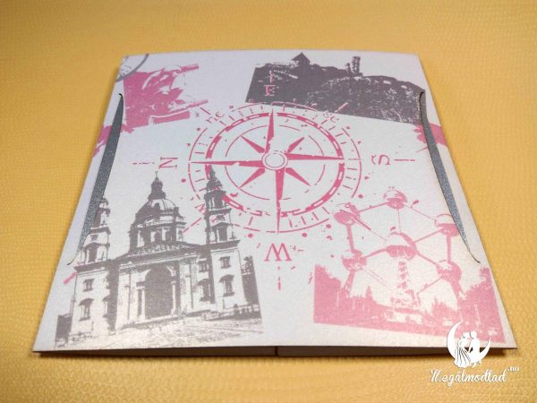 Utazás tematikájú esküvői meghívó lézervágott motívumokkal, puzzle szerűen nyitható borítással, elegáns belső lappal.