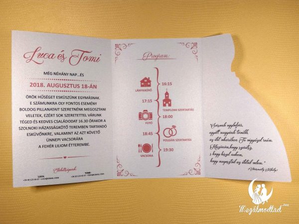 Lézervágott esküvői meghívó, mely menyasszonyt és vőlegényt ábrázol, kinyitva pedig látható az esküvői program.