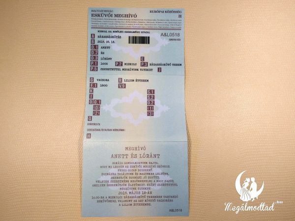 Egyedi esküvői meghívó forgalmi engedély stílusban, személyre szabható adatokkal és dizájnnal.
