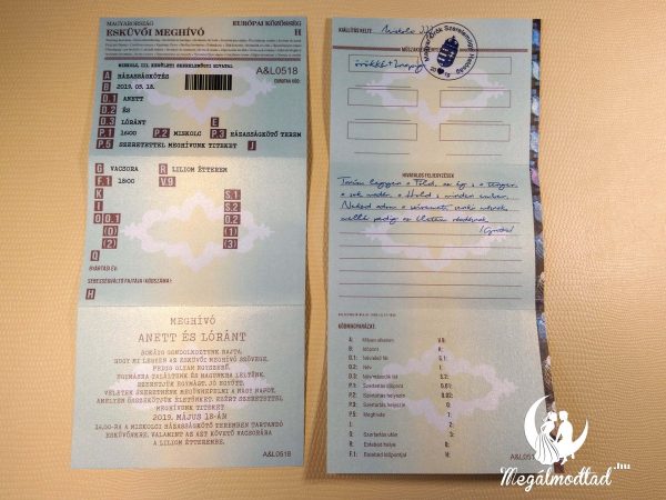Egyedi esküvői meghívó forgalmi engedély stílusban, személyre szabható adatokkal és dizájnnal.