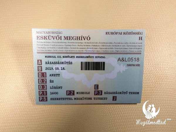 Egyedi esküvői meghívó forgalmi engedély stílusban, személyre szabható adatokkal és dizájnnal.