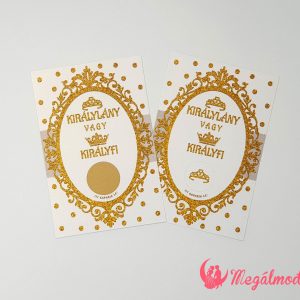 Babaváró sorsjegy arany tükörrel, lányos és fiús koronával, "Királylány vagy királyfi?" felirattal