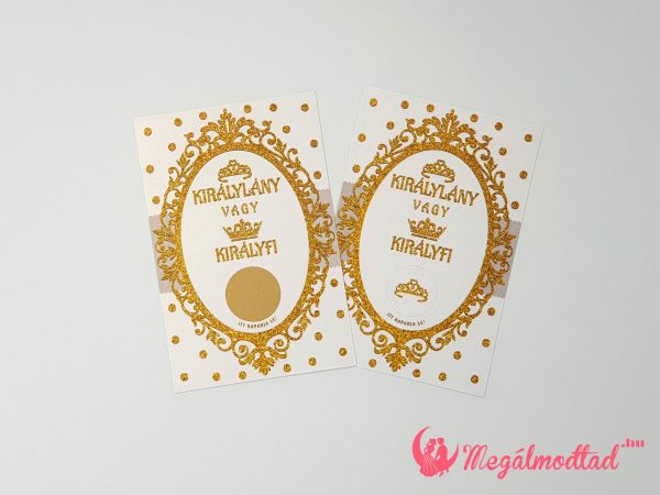 Babaváró sorsjegy arany tükörrel, lányos és fiús koronával, "Királylány vagy királyfi?" felirattal