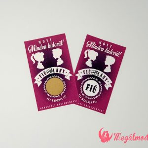Babaváró sorsjegy kisfiú és kislány sziluettjeivel, "Fiú vagy Lány?" felirattal