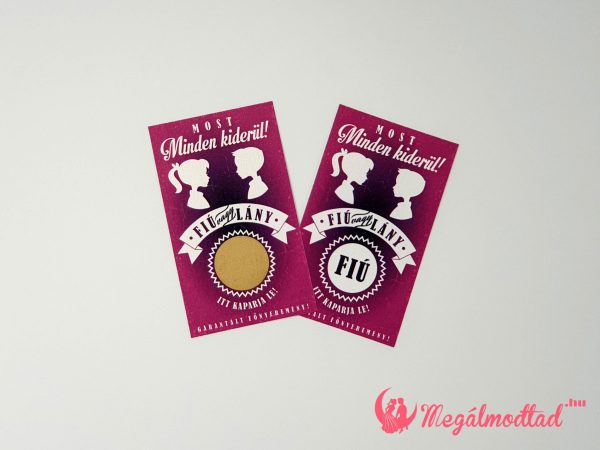 Babaváró sorsjegy kisfiú és kislány sziluettjeivel, "Fiú vagy Lány?" felirattal