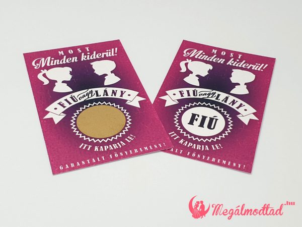 Babaváró sorsjegy kisfiú és kislány sziluettjeivel, "Fiú vagy Lány?" felirattal