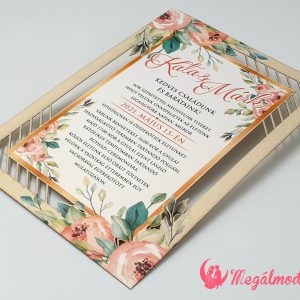 Elegáns esküvői meghívó lézervágott virágkerettel és romantikus kivitelben.