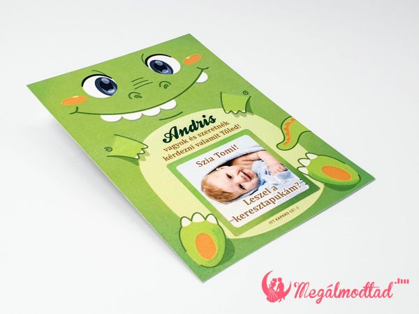 Aranyos krokodilos keresztszülő felkérő kaparós sorsjegy, izgalmas üzenettel.