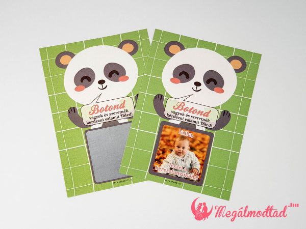 Aranyos panda macis keresztszülő felkérő kaparós sorsjegy, izgalmas meglepetésekkel.