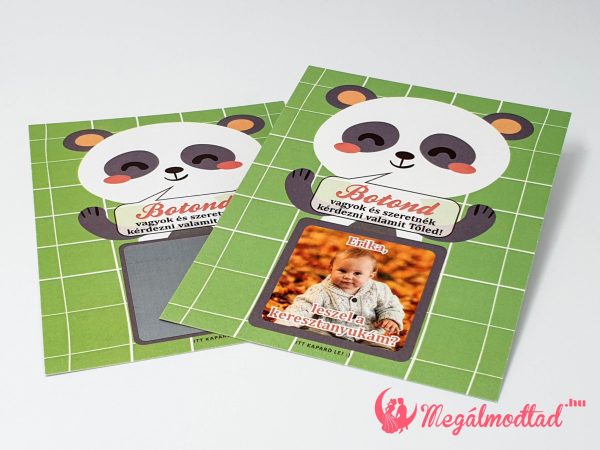 Aranyos panda macis keresztszülő felkérő kaparós sorsjegy, izgalmas meglepetésekkel.