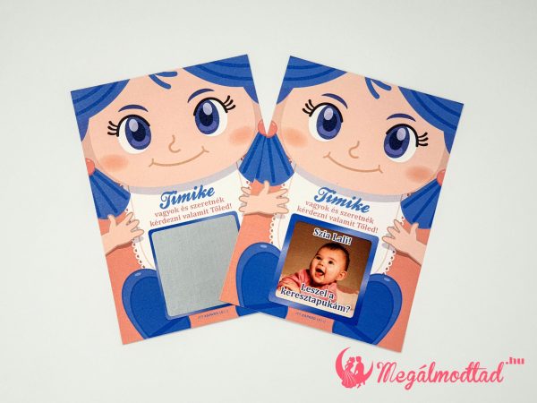 Babafigurás keresztszülő felkérő kaparós sorsjegy