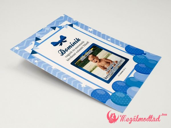 Kék lufis, kisfiús keresztszülő felkérő kaparós sorsjegy