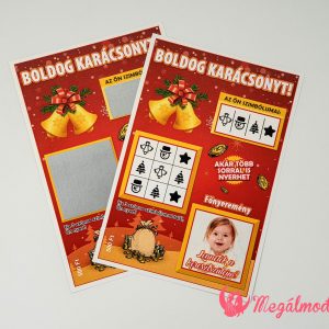 Karácsonyi keresztszülő felkérő piros háttérrel és csengővel