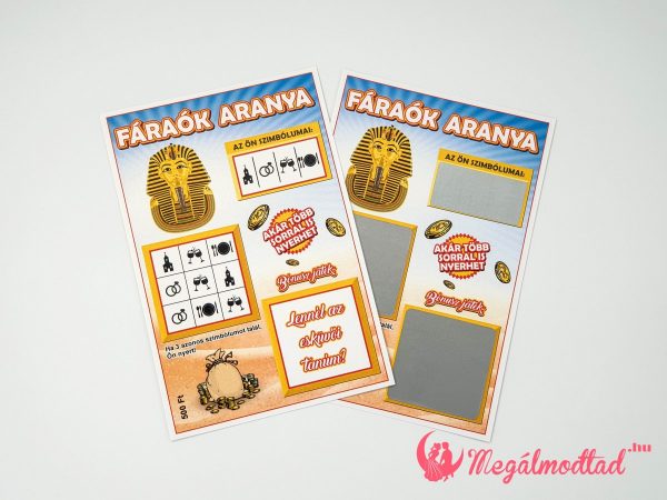 Elegáns, Fáraók aranya mintás tanúfelkérő kaparós sorsjegy három kaparófelülettel