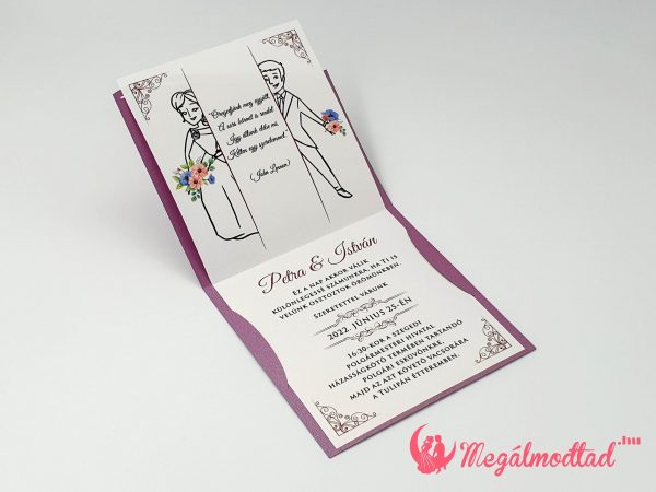 Romantikus lézervágott esküvői meghívó szív formájú díszítéssel.