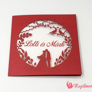 Kinyitható lézervágott esküvői meghívó kör alakban kivágott ifjú párral