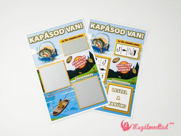 Horgászos tanúfelkérő kaparós sorsjegy „Kapásod van!” felirattal, kaparófelülettel