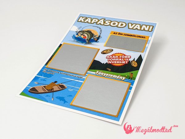 Horgászos tanúfelkérő kaparós sorsjegy „Kapásod van!” felirattal, kaparófelülettel