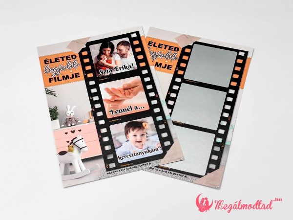 Elegáns keresztszülő felkérő régi filmszalaggal és hintaló grafikával