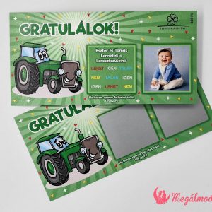 Vidám traktoros keresztszülő felkérő sorsjegy, élénk színekkel