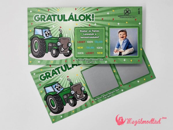 Vidám traktoros keresztszülő felkérő sorsjegy, élénk színekkel
