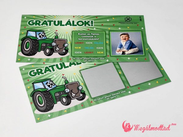 Vidám traktoros keresztszülő felkérő sorsjegy, élénk színekkel