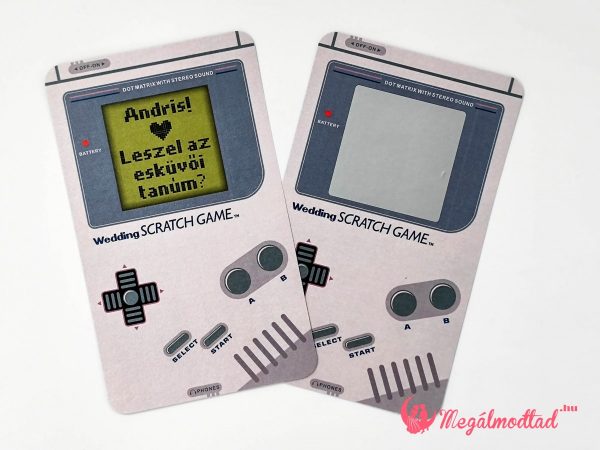 Retro Gameboy tanúfelkérő kaparós sorsjegy, játékos felkéréssel