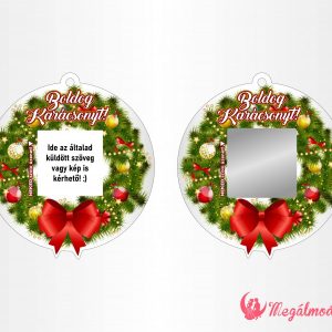 Karácsonyi koszorú arany gömbökkel, gyöngyökkel, piros masnival, kaparófelülettel és személyes üzenettel