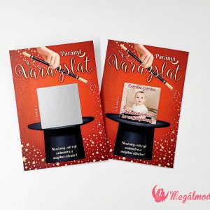 Varázslatos témájú keresztszülő felkérő, cilinderrel és kaparófelülettel