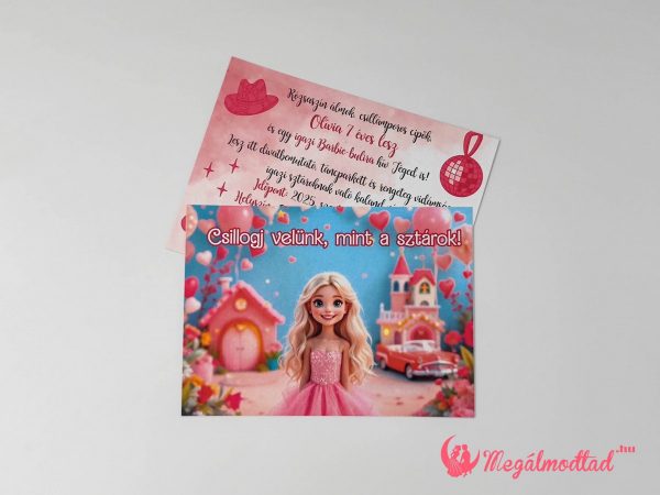Barbie szülinapi meghívó gyerekeknek, 11x15 cm-es, kétoldalas, gyöngyházfényű kartonra nyomtatva