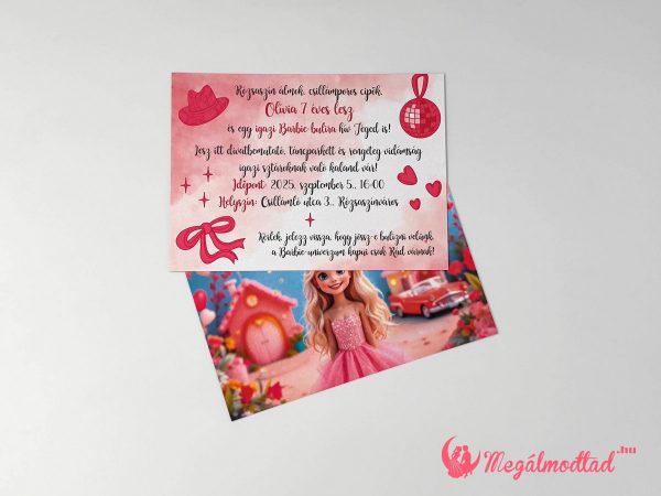 Barbie szülinapi meghívó gyerekeknek, 11x15 cm-es, kétoldalas, gyöngyházfényű kartonra nyomtatva
