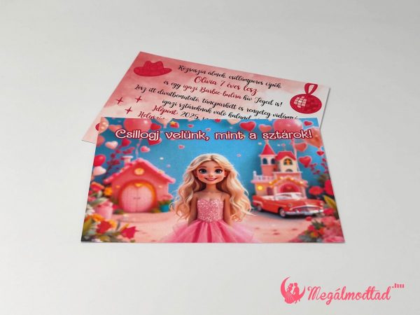 Barbie szülinapi meghívó gyerekeknek, 11x15 cm-es, kétoldalas, gyöngyházfényű kartonra nyomtatva