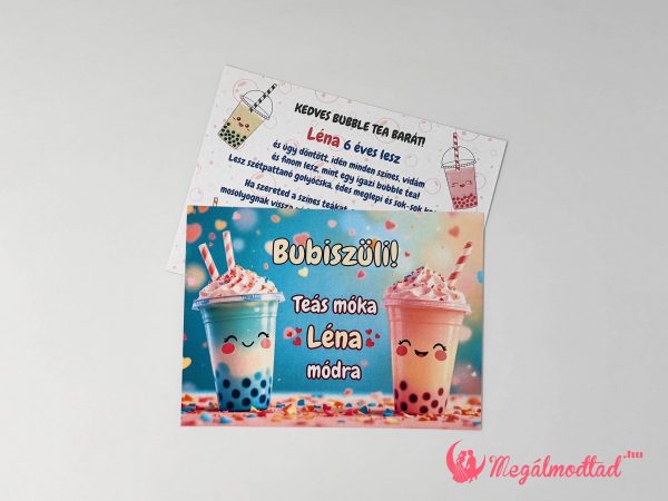 Bubble Tea szülinapi meghívó gyerekeknek, 11x15 cm-es, kétoldalas, gyöngyházfényű kartonra nyomtatva