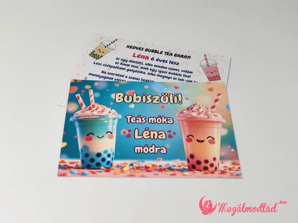 Bubble Tea szülinapi meghívó gyerekeknek, 11x15 cm-es, kétoldalas, gyöngyházfényű kartonra nyomtatva