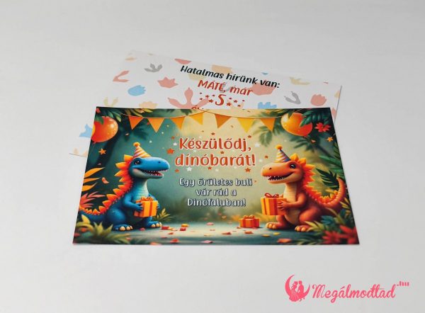 Dínós szülinapi meghívó 11x15 cm-es, kétoldalas, gyöngyházfényű kartonra nyomtatva