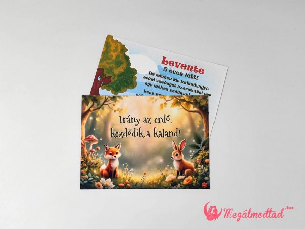 Erdei kaland szülinapi meghívó rókával és nyuszival, gyerekeknek készült, kétoldalas, prémium kartonra nyomtatva