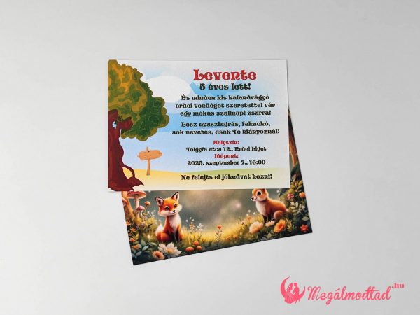 Erdei kaland szülinapi meghívó rókával és nyuszival, gyerekeknek készült, kétoldalas, prémium kartonra nyomtatva