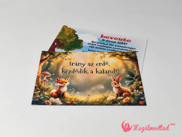 Erdei kaland szülinapi meghívó rókával és nyuszival, gyerekeknek készült, kétoldalas, prémium kartonra nyomtatva
