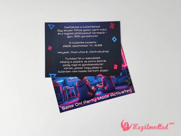 Gamer szülinapi meghívó gyerekeknek, 11x15 cm-es, kétoldalas, gyöngyházfényű kartonra nyomtatva