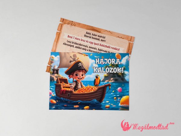 Kalózos szülinapi meghívó gyerekeknek, kincses térképes és hajós mintával, prémium kartonra nyomtatva