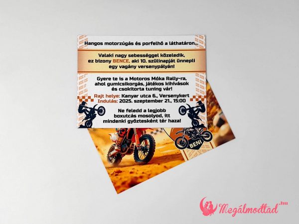 Motoros szülinapi meghívó gyerekeknek, 11x15 cm-es, kétoldalas, gyöngyházfényű kartonra nyomtatva