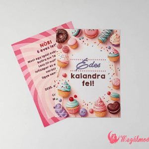 ütibuli szülinapi meghívó gyerekeknek, cupcake, muffin és nyalóka mintával, 11x15 cm-es, kétoldalas kartonra nyomtatva