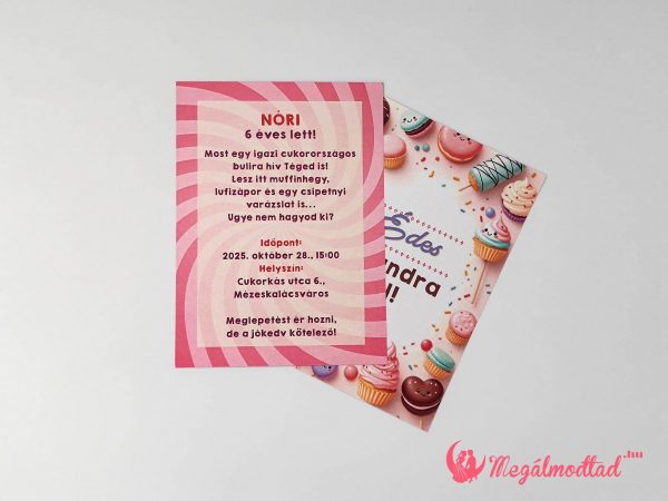 ütibuli szülinapi meghívó gyerekeknek, cupcake, muffin és nyalóka mintával, 11x15 cm-es, kétoldalas kartonra nyomtatva