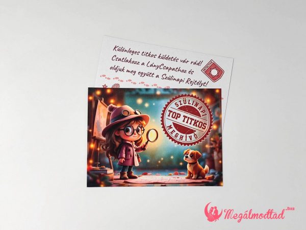 Top Secret szülinapi meghívó gyerekeknek, magánnyomozó kiscsajjal, 11x15 cm-es, kétoldalas, gyöngyházfényű kartonra nyomtatva