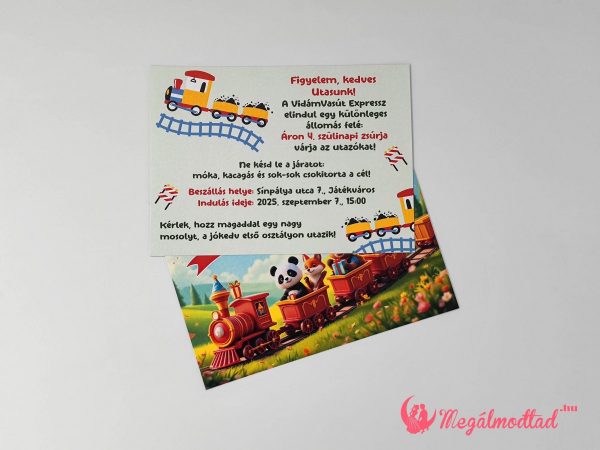 Vonatos szülinapi meghívó gyerekeknek, panda, maci és róka illusztrációval, prémium kartonra nyomtatva