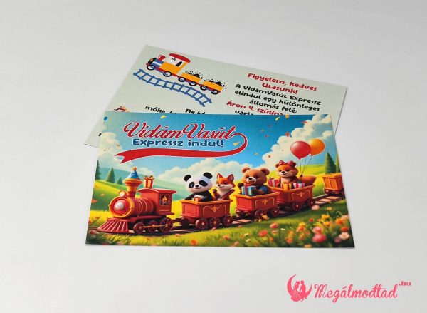 Vonatos szülinapi meghívó gyerekeknek, panda, maci és róka illusztrációval, prémium kartonra nyomtatva